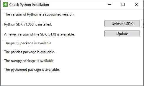 Screenshot of the check installation panel showing the SDK can be updated. It still provides the option to install the SDK.